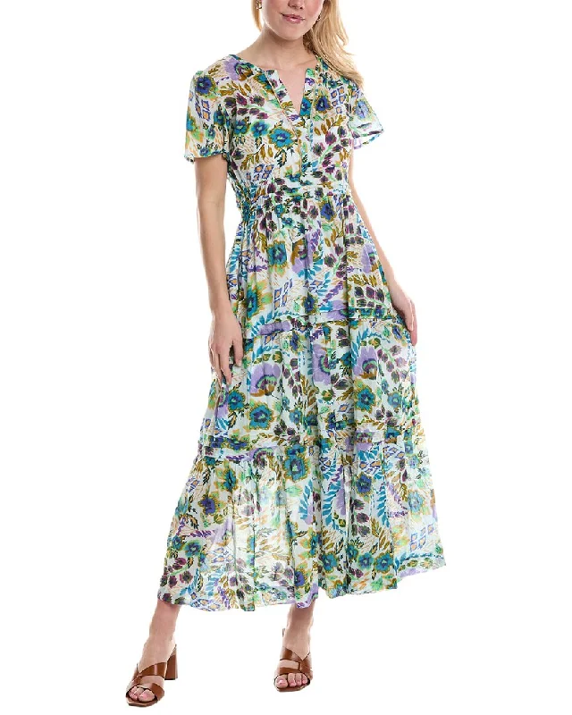 Midi dress with draped bodice-Johnny Was Ikat Bloom Pintuck Tiered Midi Dress