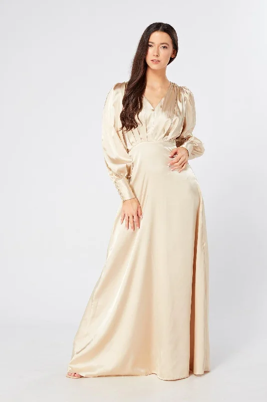 Maxi dress with ruched sides-Gabriella Ivory Cream Maxi Satin Dress