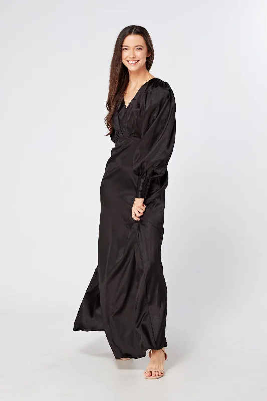 Maxi dress with eyelet fabric-Colette Black Satin Maxi Gown