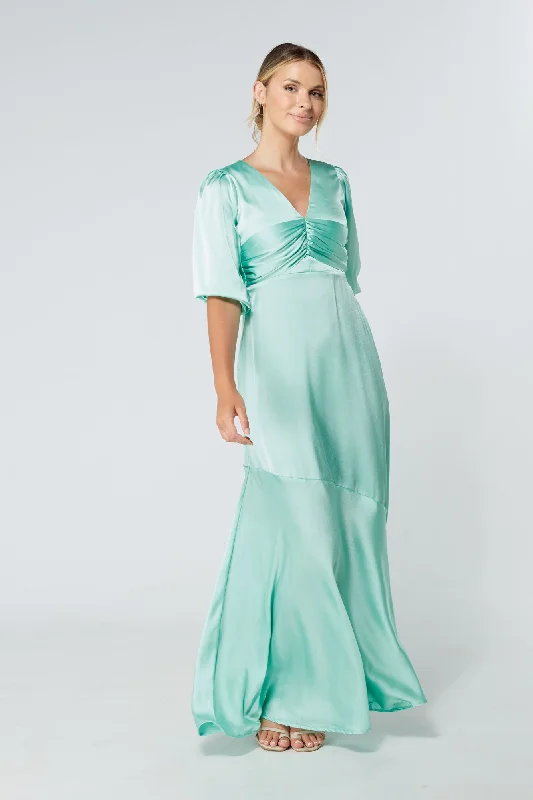 Maxi dress with knot front-Naomi Aqua Satin Maxi Dress