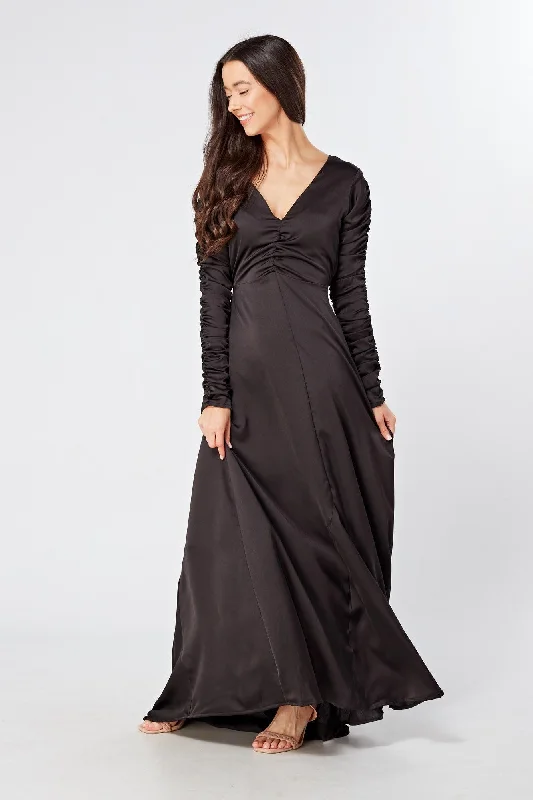 Maxi dress with mesh insert-Ella Black Crepe Maxi Dress