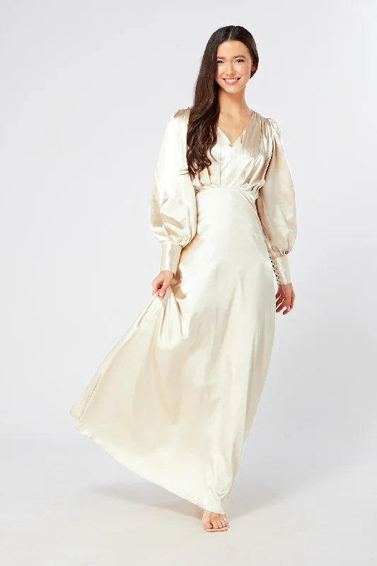 Maxi dress with funky flair-Gabriella Off White Satin Maxi Dress