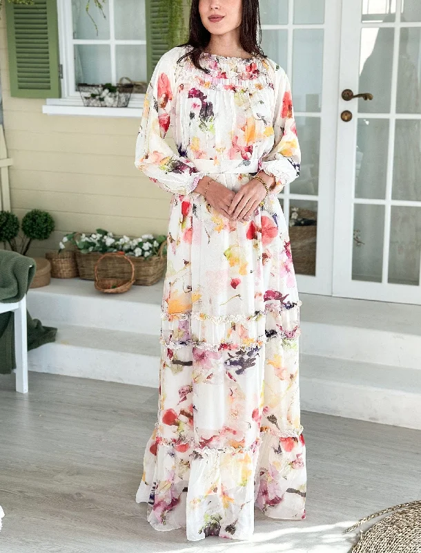 Maxi dress with illusion sleeves-Watercolor Floral Long Dress