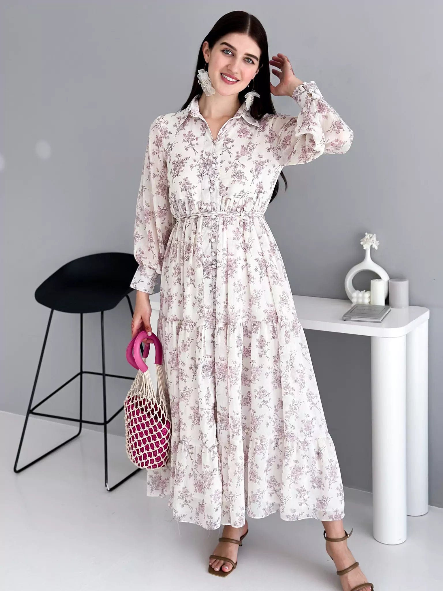 Casual maxi dress for work-Holiday Floral Long Dress