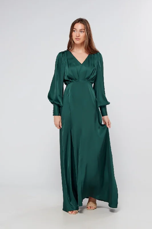 Maxi dress with adjustable straps-Layla Emerald Green Satin Maxi Dress