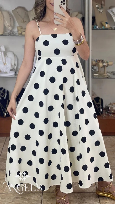 Maxi dress with pleated skirt-Ivory/Black Polkadot Maxi Dress