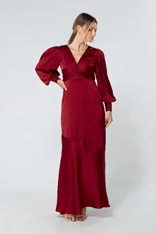 Maxi dress with iridescent finish-Naomi Deep Red Satin Maxi Dress