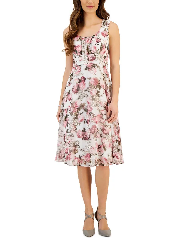 Midi dress with patchwork design-Womens Floral Print Chiffon Midi Dress