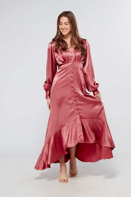 Maxi dress with frilly details-Charlize Coral Pink Maxi Dress