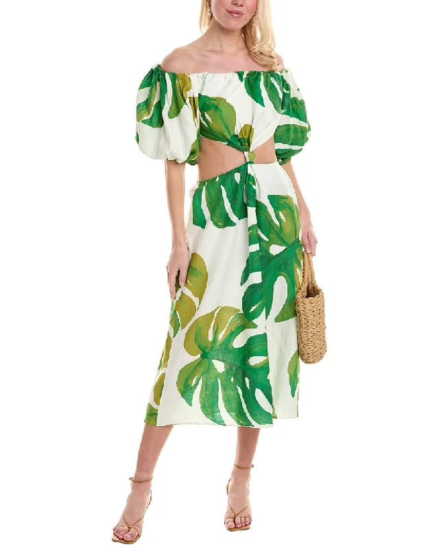 Midi dress with spaghetti straps-FARM Rio Monstera Cutout Waist Linen-Blend Midi Dress