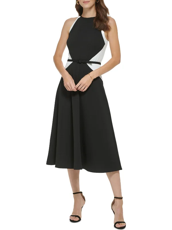 Midi dress with draped bodice-Womens Colorblock Halter Midi Dress