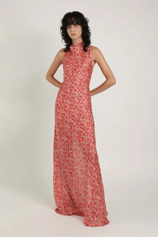 Maxi dress with chic design-Marwa Halter Neck Maxi Dress W. Open Back Red Print Floral