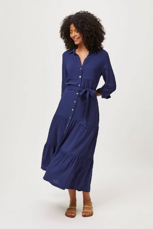 Maxi dress with velvet texture-Navy Maxi Shirt Dress