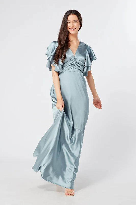 Maxi dress with flared skirt-Cynthia Dusty Blue Satin Maxi Dress