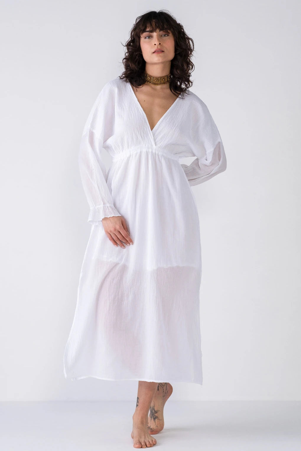 Maxi dress with button front-V-Neck Cotton Maxi Dress - White