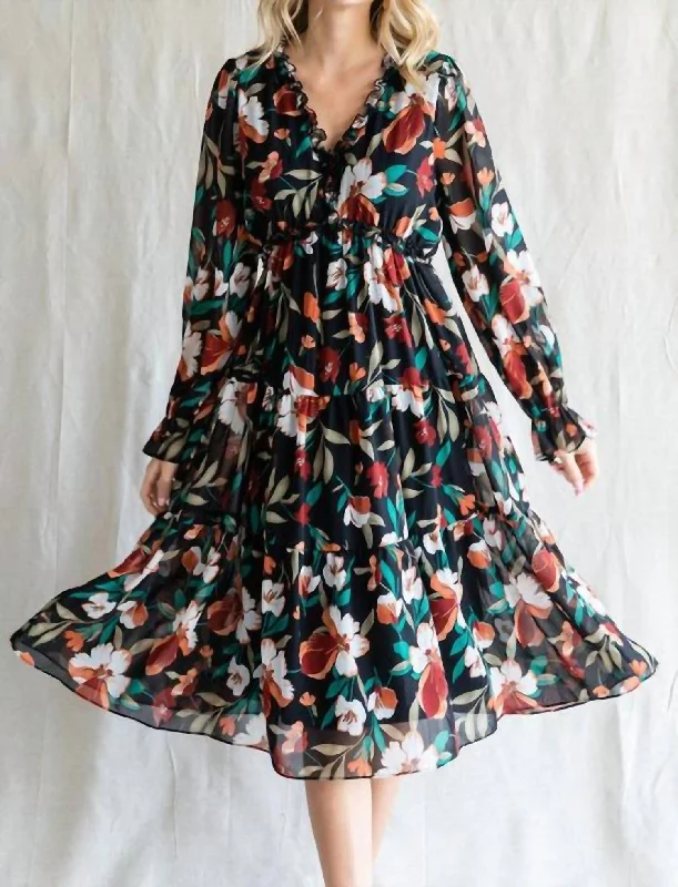 Midi dress with patchwork design-Midi Floral Chiffon Dress