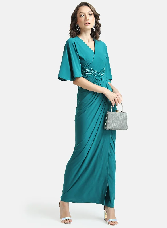 Maxi dress with funky flair-Kazo Green Stretchable Maxi Dress With Drop Shoulder & Embellished Waist