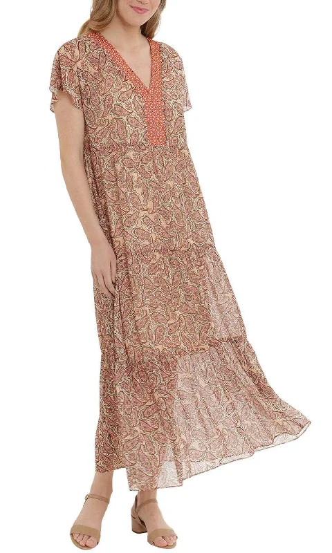 Maxi dress with draped bodice-London Times T5789M - Paisley Print Maxi Dress