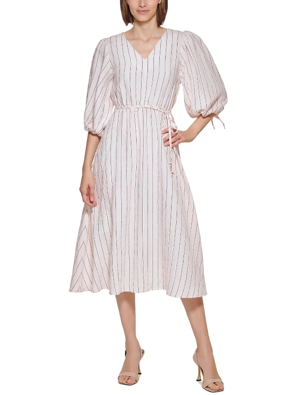 Midi dress with casual comfort-Womens Striped Calf Midi Dress