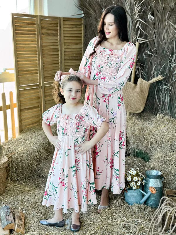 Maxi dress for beach vacation-Mini Brenda Peach Floral Long Dress