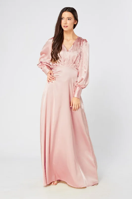 Maxi dress with layered ruffles-Gabriella Pink Satin Maxi Dress