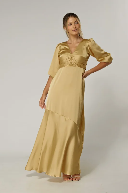 Maxi dress with funky flair-Naomi Light Gold Satin Maxi Dress