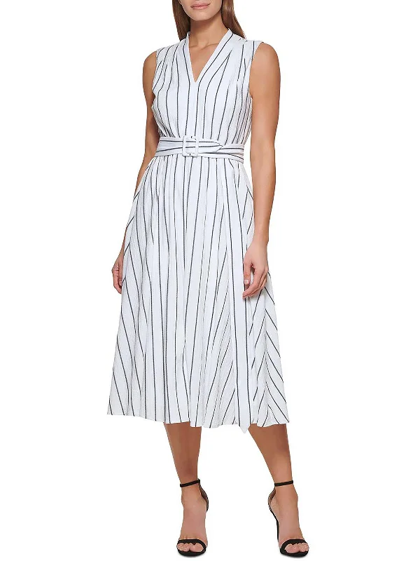 Midi dress with retro vibe-Womens Belted Midi Fit & Flare Dress