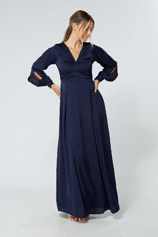 Maxi dress with ruffled hem-Delilah Navy Satin Maxi Dress