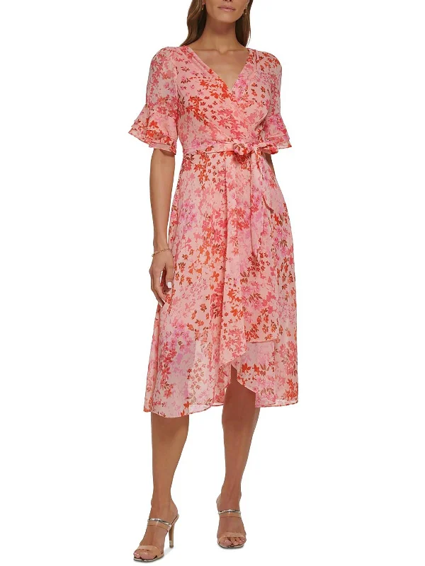 Midi dress with tulip hem-Womens Floral Ruffle Sleeve Midi Dress