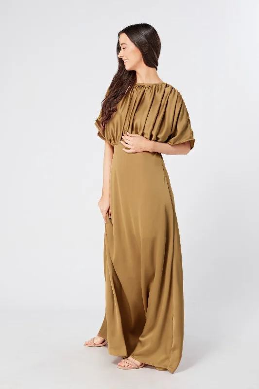 Maxi dress for wedding guests-Josephine Deep Gold Satin Maxi Dress