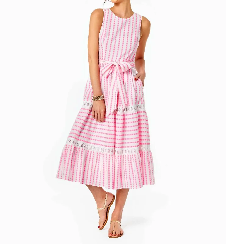 Midi dress with pleated skirt-Maybella Tiered Midi Dress in Gingham Stripe Jacquard