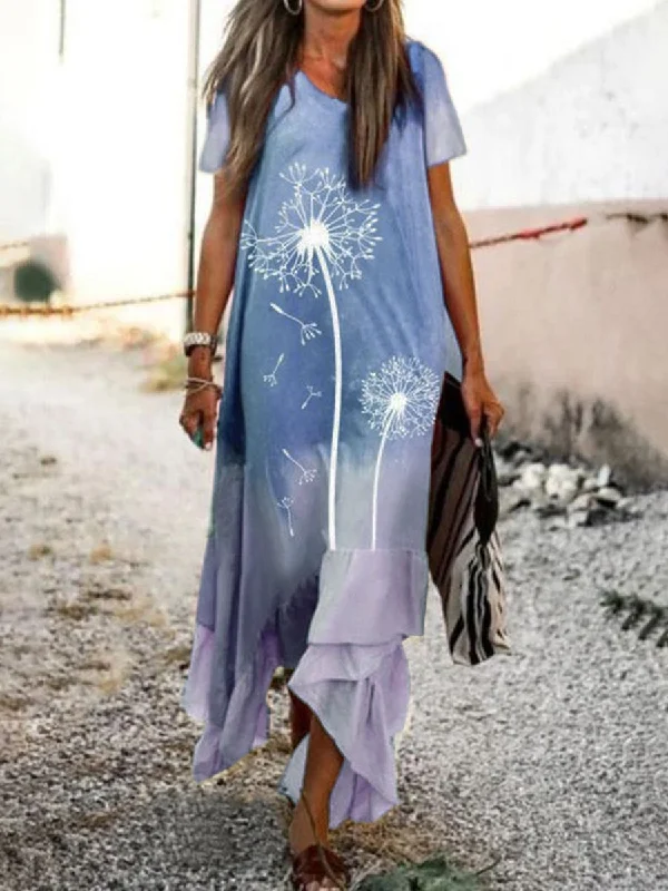 Maxi dress with lace-up front-Simple Casual Loose Dandelion Print Dress