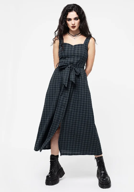 Maxi dress with crochet details-Jeannie Check Cotton Belted Apron Maxi Dress