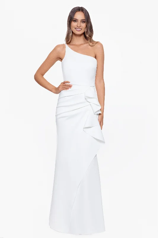 Maxi dress with button front-Petite "Daniella" Long One Shoulder Scuba Crepe Ruffle Dress