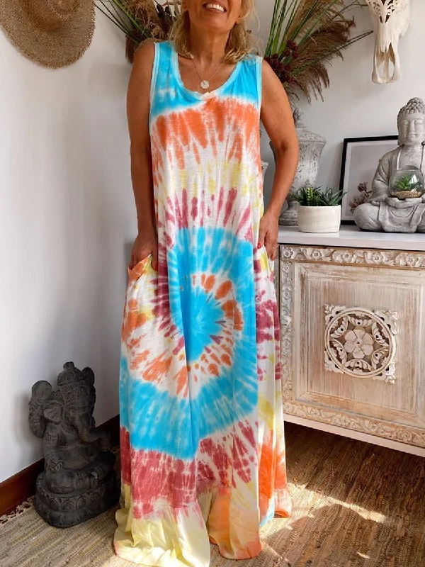 Maxi dress with one shoulder-Bohemian Loose Casual Tie Dye Dress