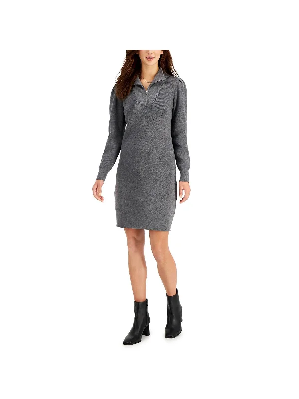 Midi dress with illusion sleeves-Womens 1/2 Zip Midi Sweaterdress