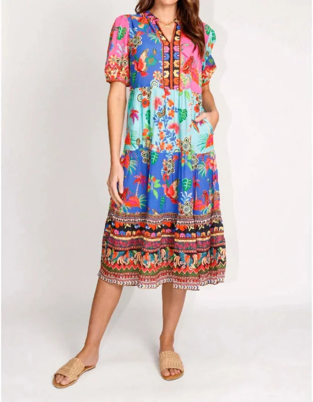 Midi dress with elastic waistband-Amazon Midi V-Neck Dress In Multi