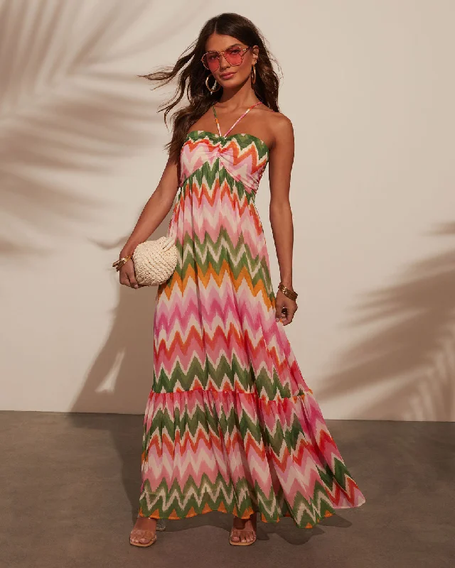 Maxi dress with lace details-Sunset Tropics Zigzag Print Empire Maxi Dress