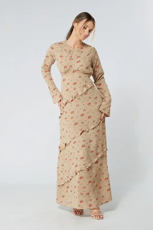 Maxi dress for summer-Fleur Beige Floral Maxi Dress