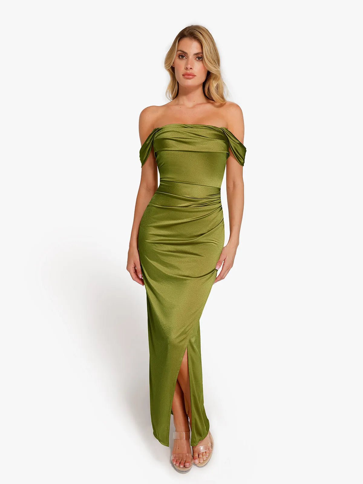 Maxi dress with faux leather-Shapewear Off Shoulder Shine Ruched Sculpting Maxi Dress