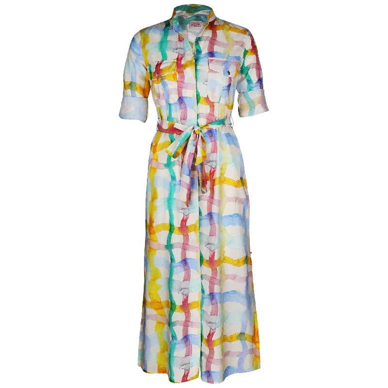 Maxi dress with V-neckline-Nellie Safari Maxi Dress Watercolour Check