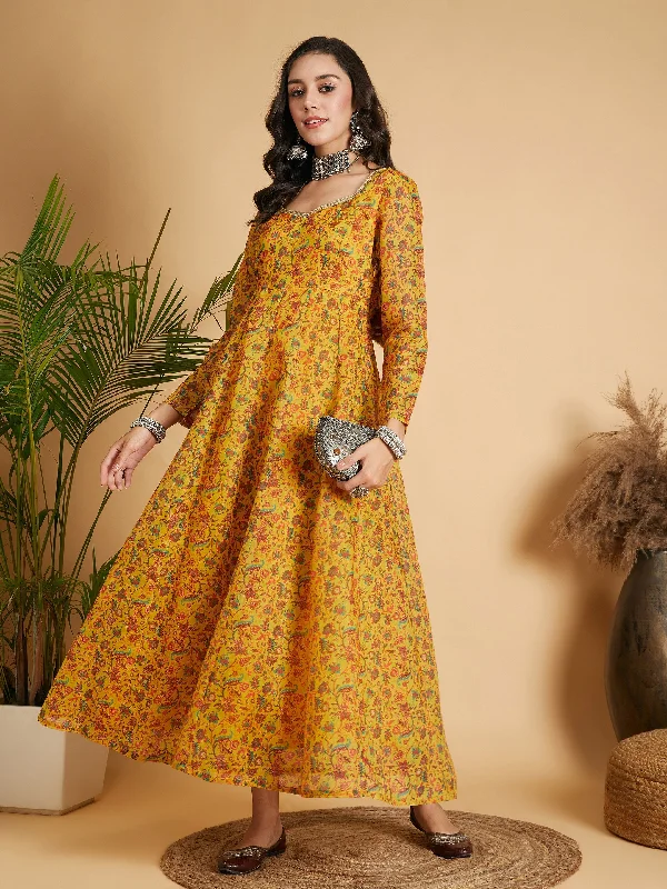 Maxi dress with boho style-Women Mustard Floral Anarkali Maxi Dress