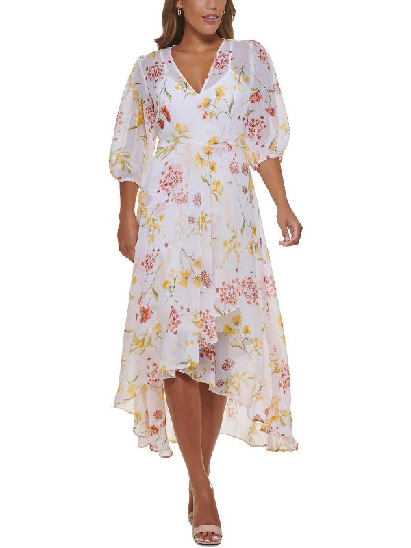 Midi dress with illusion sleeves-Womens Boho Floral Midi Dress