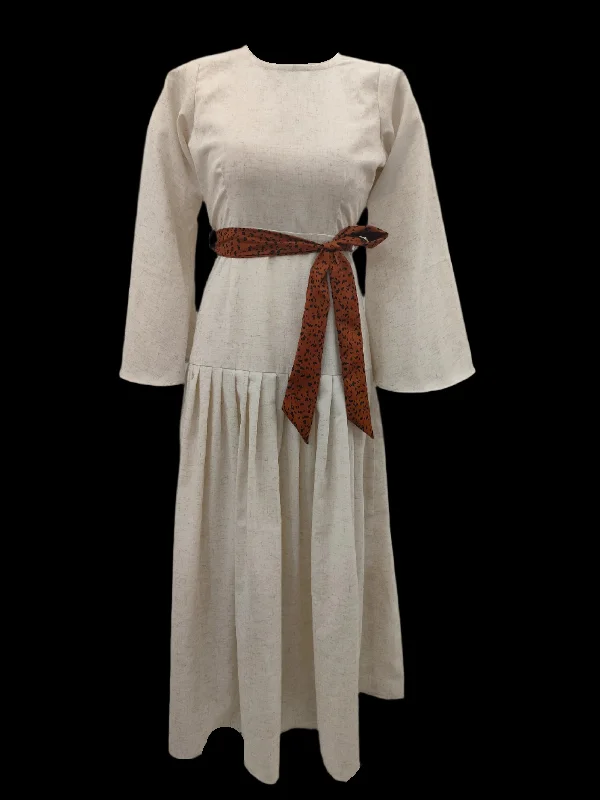 Maxi dress with high neckline-Edna Off White Maxi Dress With Brown Belt