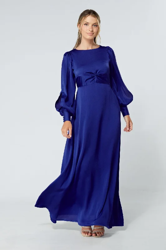 Maxi dress with trumpet sleeves-Lila Cobalt Blue Knotted Front Maxi Dress