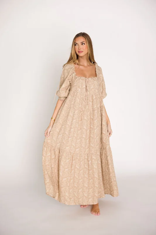 Maxi dress with elastic waistband-Cara 100% Cotton Maxi Dress in Mocha