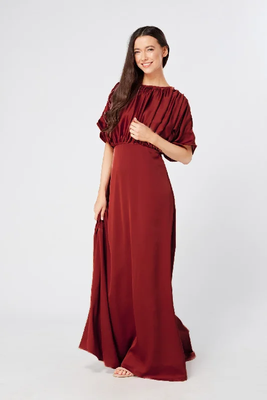 Maxi dress with adjustable straps-Josephine Deep Red Satin Maxi Dress