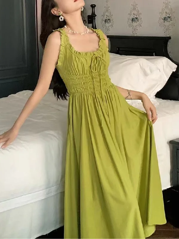 Maxi dress with velvet texture-Green Halter Dress Long Skirt with Drawstring Waist for Women-Magda Dress