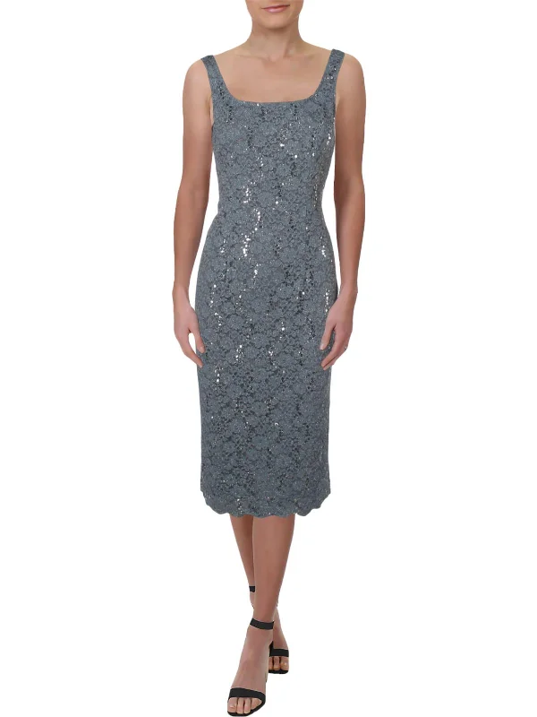 Midi dress with flared skirt-Womens Lace Midi Cocktail Dress