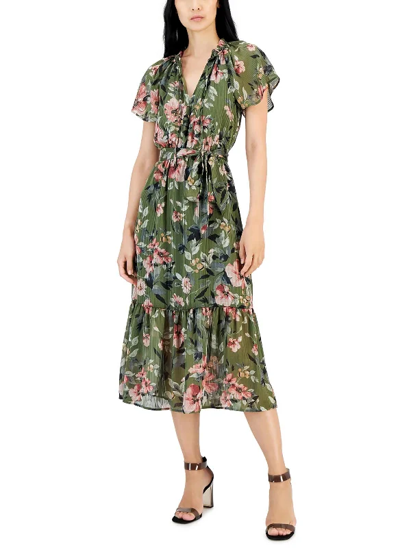 Midi dress with sheer panels-Womens Shadow Stripe Floral Midi Dress